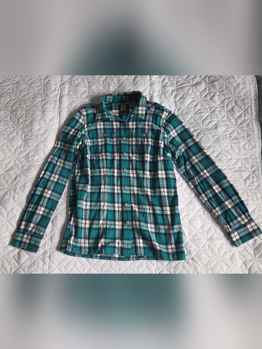 Duluth Trading Co. Flannel Shirt Plaid Teal White XS Regular